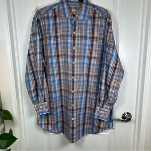 Peter Millar Brown Plaid Torino‎ Cotton Sport Shirt Men’s Size Large